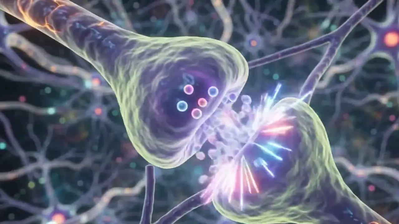 Two synaptic terminals with vesicles crossing the gap